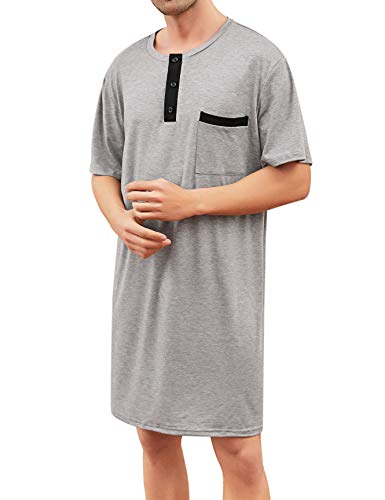 Enjoyoself Herren Nachthemd Kurzarm Baumwolle Einteiliger Schlafanzug Luftig Lang Nachtwäsche Shirt mit Knopfleiste Praktisch Sleepshirt Grau,XL von Enjoyoself