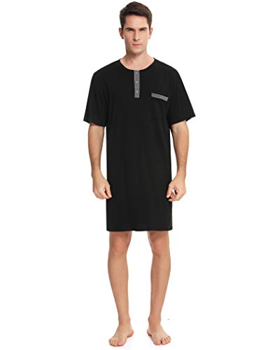 Herren Nachthemd Kurzarm Rundhals Schlafanzugoberteil Weich Baumwolle Sleepshirt mit Knopfleiste Lufitg Schlafanzug ohne Hosengummi Schwarz,M von Enjoyoself