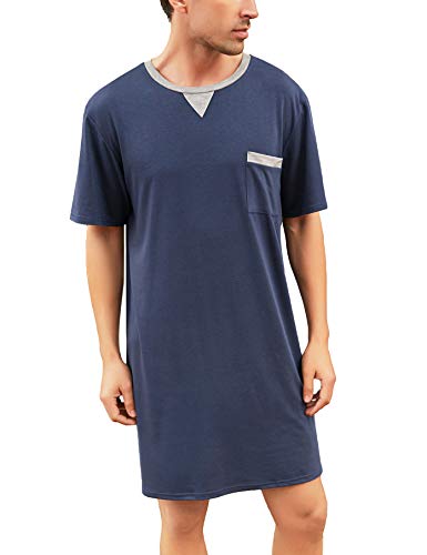 Enjoyoself Herren Nachthemd Kurzarm V Ausschnitt Schlafanzugoberteil Baumwolle Lufitg Sleepshirt mit Brusttasche ohne Hosengummi Dunkelblau,L von Enjoyoself