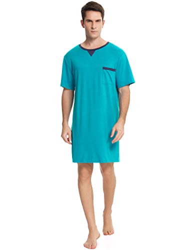 Enjoyoself Herren Nachthemd Kurzarm V Ausschnitt Schlafanzugoberteil Baumwolle Lufitg Sleepshirt mit Brusttasche ohne Hosengummi Türkis,M von Enjoyoself