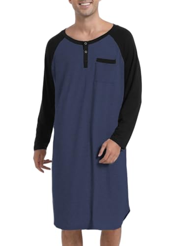 Enjoyoself Herren Nachthemd Langarm Knielang Schlafshirt V Ausschnitt Jersey Henley Nachtwäsche Krankenhaushemd dunkelblau,XXL von Enjoyoself