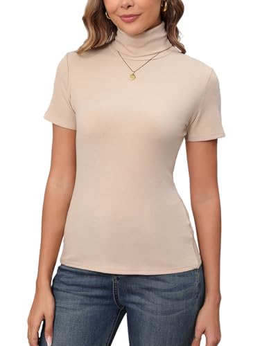 Enjoyoself Rollkragenpullover Damen Kurzarm Basic Rollishirt mit Stehkragen Elastisch Unterziehrolli beige,L von Enjoyoself
