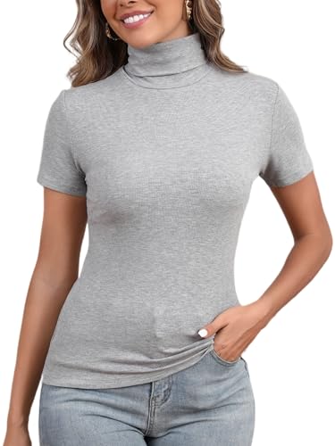 Enjoyoself Rollkragenpullover Damen Kurzarm Basic Rollishirt mit Stehkragen Elastisch Unterziehrolli grau,XL von Enjoyoself