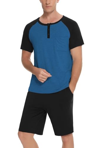Enjoyoself Schlafanzug Herren Kurz Baumwolle Pyjama Kurzarm Zweiteilig Nachtwäsche Leicht Luftig Sommer Shorty blau, M von Enjoyoself
