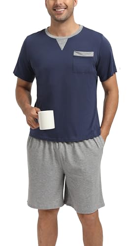Enjoyoself Schlafanzug Herren Kurz Baumwolle Pyjama Kurzarm Zweiteilig Nachtwäsche Leicht Luftig Sommer Shorty dunkelblau, L von Enjoyoself