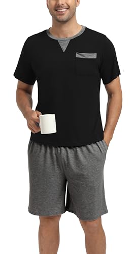 Enjoyoself Schlafanzug Herren Kurz Pyjama Baumwolle Zweiteilig Pyjamaset Rundhals Shirt Gummibund Pyjamahose schwarz, XXL von Enjoyoself