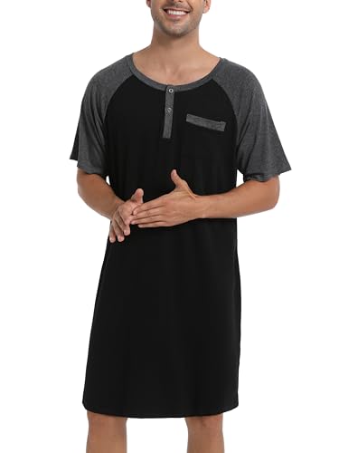 Herren Kurzarm Nachthemd Knielang Pyjamaoberteil Baumwolle Leicht Luftig V Ausschnitt Schlafshirt mit 3 Knöpfe schwarz,XL von Enjoyoself
