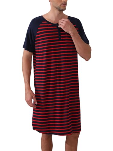 Enjoyoself Herren Nachthemd Kurzarm Baumwolle Gestreift Langes Schlafshirt mit Knopfleiste Leicht Luftig Jersey Schlafhemd rot Streifen,XL von Enjoyoself