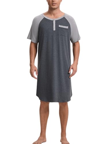 Herren Nachthemd Kurzarm Baumwolle Langes Schlafshirt mit Knopfleiste Leicht Luftig Jersey Henley Nachtwäsche dunkelgrau,XL von Enjoyoself
