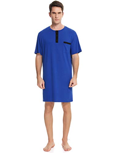 Herren Nachthemd Kurzarm Rundhals Schlafanzugoberteil Weich Baumwolle Sleepshirt mit Knopfleiste Lufitg Schlafanzug ohne Hosengummi Blau,S von Enjoyoself