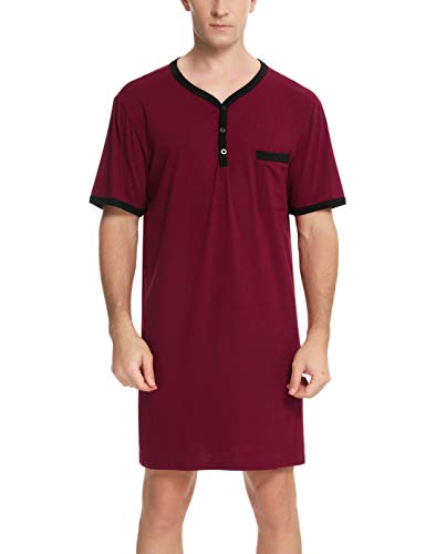 Enjoyoself Herren Nachthemd Kurzarm Rundhals Schlafanzugoberteil Weich Baumwolle Sleepshirt mit Knopfleiste Lufitg Schlafanzug ohne Hosengummi weinrot,XL von Enjoyoself