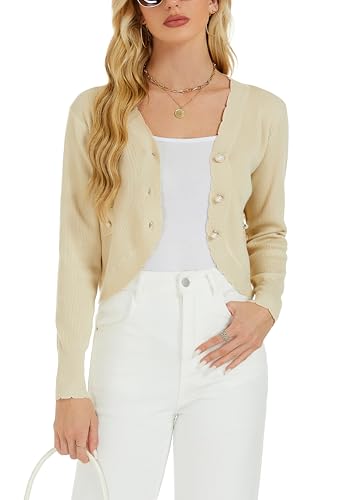 Damen Kurze Strickjacke Elegant Jäckchen mit Knopfleiste V Ausschnitt Feinstrick Langarm Cardigan Leichte Jacke Beige, M von Enjyam