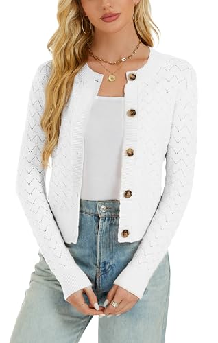 Damen Strickjacke Elegant Langarm Rundhals Cardigan Leicht Bolero Jäckchen mit Knöpfe Weiche Jacke über Top Kleid Weiß,XXL von Enjyam