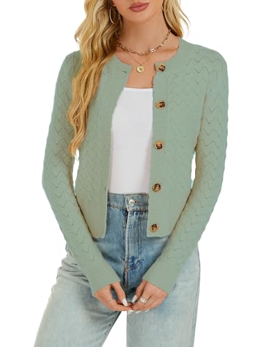 Damen Strickjacke Elegant Langarm Rundhals Cardigan Leicht Jäckchen mit Knöpfe Weiche Strickweste über Top Kleid Salbei,XXL von Enjyam