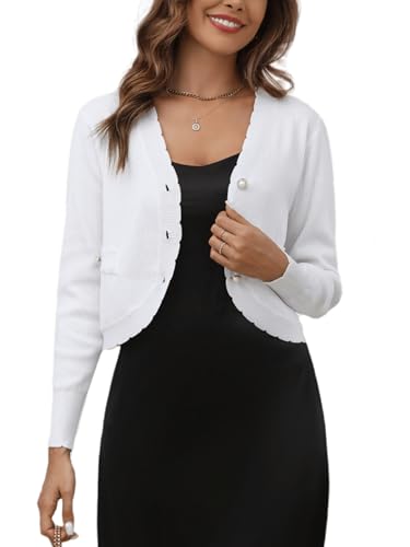 Damen Strickjacke Langarm Kurz Cardigan Elegant Festlish Jäckchen mit Knöpfe V Ausschnitt Leichte Jacke für Kleid Weiß, XL von Enjyam