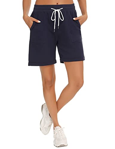 Enjyam Damen Bermuda Shorts 100% Baumwolle Sportliche Kurze Sweathose Lockere Strandshorts mit Tasche für Freizeit Navyblau,L von Enjyam