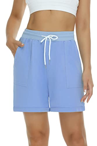 Enjyam Damen Bermuda Shorts Knielang Locker Kurze Sweathose mit Weite Bein Baumwolle Loungebermuda für Sport Freizeit Hellblau,XL von Enjyam