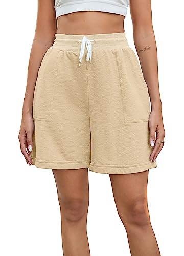 Enjyam Damen Bermuda Shorts Knielang Locker Kurze Sweathose mit Weite Bein Baumwolle Loungebermuda für Sport Freizeit Khaki,L von Enjyam