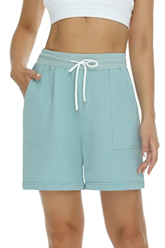 Enjyam Damen Bermuda Shorts Knielang Locker Kurze Sweathose mit Weite Bein Baumwolle Loungebermuda für Sport Freizeit Türkis,S von Enjyam