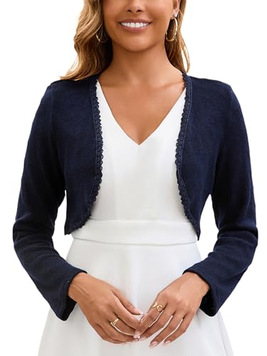 Enjyam Damen Bolero Elegant Langarm Kurz Offen Cardigan V Ausschnitt Schulterjacke für Kleid Navyblau,M von Enjyam