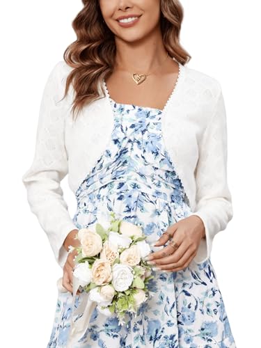 Enjyam Damen Bolero Elegant Langarm Kurz Offen Cardigan V Ausschnitt Schulterjacke für Kleid Weiss,S von Enjyam