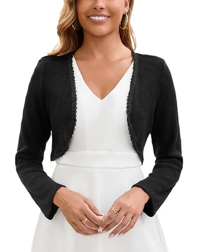 Enjyam Damen Bolero Elegant Langarm Kurz Offen Cardigan V Ausschnitt Schulterjacke für Kleid schwarz,L von Enjyam