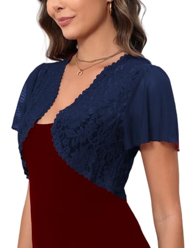 Enjyam Damen Bolero Festlich Elegant Spitzen Bolerojacke Kurzarm Jäckchen Leicht Schulterjacke zum Kleider Navy,L von Enjyam
