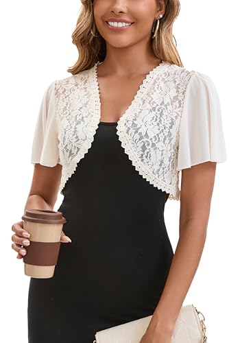 Enjyam Damen Bolero Festlich Elegant Spitzen Bolerojacke Kurzarm Jäckchen Leicht Schulterjacke zum Kleider beige,M von Enjyam