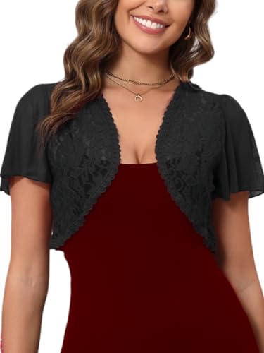 Enjyam Damen Bolero Festlich Elegant Spitzen Bolerojacke Kurzarm Jäckchen Leicht Schulterjacke zum Kleider schwarz,M von Enjyam