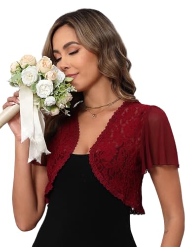 Enjyam Damen Bolero Festlich Elegant Spitzen Bolerojacke Kurzarm Jäckchen Leicht Schulterjacke zum Kleider weinrot,S von Enjyam