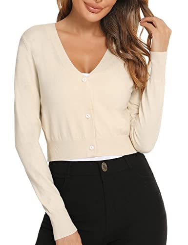 Enjyam Damen Bolero Jäckchen Langarm Kurze Strickjacke mit Knopf Elegante Weiche Jacke V Ausschnitt Schulterjacke zum Kleid Beige,S von Enjyam