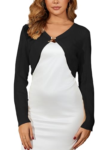 Enjyam Damen Bolero Langarm Elegant Kurze Strickjacke V Ausschnitt Cardigan Weich Schulterjacke zum Kleid schwarz,XXL von Enjyam