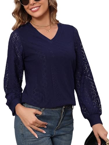 Enjyam Damen Elegant Bluse Langarm Spitzen Blusenshirt V Ausschnitt Leicht Luftig Tunika mit Laternenärmeln Navy,XL von Enjyam