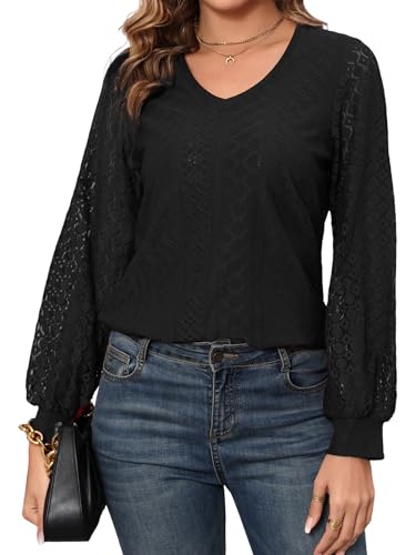 Enjyam Damen Elegant Bluse Langarm Spitzen Blusenshirt V Ausschnitt Leicht Luftig Tunika mit Laternenärmeln schwarz,XL von Enjyam