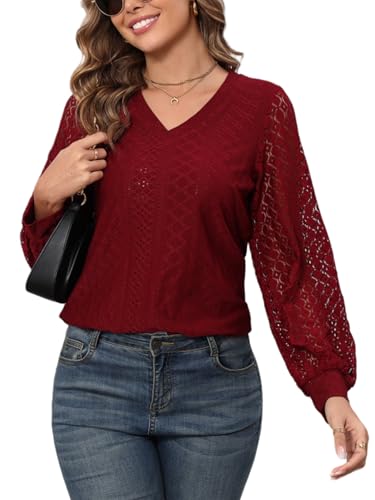 Enjyam Damen Elegant Bluse Langarm Spitzen Blusenshirt V Ausschnitt Leicht Luftig Tunika mit Laternenärmeln weinrot,XL von Enjyam