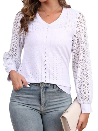 Enjyam Damen Elegant Bluse Langarm Spitzen Blusenshirt V Ausschnitt Leicht Luftig Tunika mit Laternenärmeln weiß,S von Enjyam