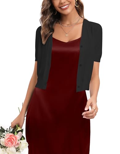 Enjyam Damen Kurz Cardigan Elegante Festliche Strickjacke mit Knopf Tailliert Bolerojacke für Frühling Herbst Schwarz, S von Enjyam