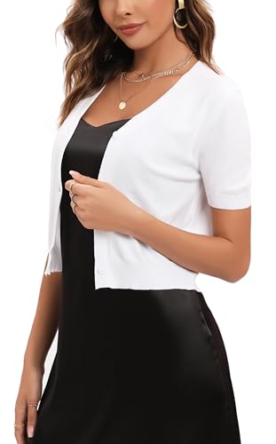 Enjyam Damen Kurz Cardigan Elegante Festliche Strickjacke mit Knopf Tailliert Bolerojacke für Frühling Herbst Weiß, S von Enjyam