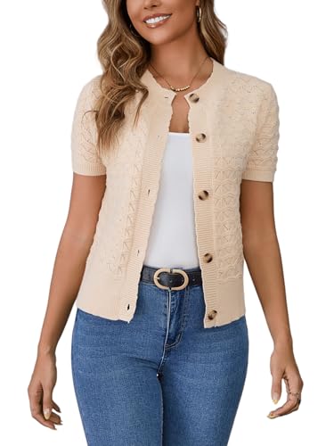 Enjyam Damen Kurze Strickjacke Elegant Kurzarm Rundhals Cardigan Leicht Dünn Bolero Jäckchen über Top Kleid Beige,L Enjyam Damen Kurze Strickjacke Elegant Kurzarm Rundhals Cardigan Leicht Dünn Bolero Jäckchen über Top Kleid Beige,L von Enjyam