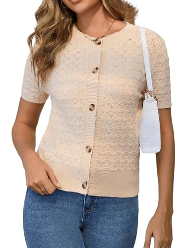 Enjyam Damen Kurze Strickjacke Elegant Kurzarm Rundhals Cardigan Leicht Dünn Bolero Jäckchen über Top Kleid Beige,S von Enjyam