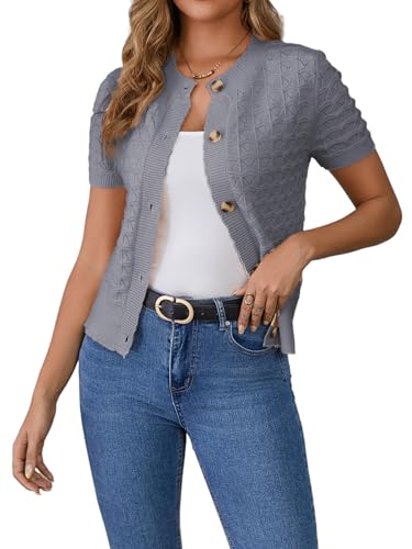 Enjyam Damen Kurze Strickjacke Elegant Kurzarm Rundhals Cardigan Leicht Dünn Bolero Jäckchen über Top Kleid Grau,L von Enjyam