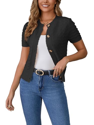 Enjyam Damen Kurze Strickjacke Elegant Kurzarm Rundhals Cardigan Leicht Dünn Bolero Jäckchen über Top Kleid Schwarz,XL von Enjyam