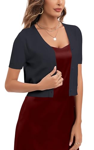 Enjyam Damen Kurze Strickjacke Kurzarm Bolerojacke V Ausschnitt Leicht Feinstick Cardigan mit Knopfleiste Marineblau, L von Enjyam