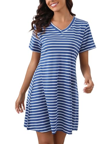Enjyam Damen Nachthemd Gestreift Baumwolle Kurzarm Schlafkleid V Ausschnitt Leicht Luftig Sommer Hauskleid Blau Streifen,M von Enjyam