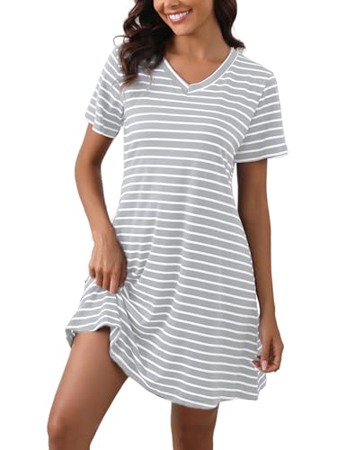 Enjyam Damen Nachthemd Gestreift Baumwolle Kurzarm Schlafkleid V Ausschnitt Leicht Luftig Sommer Hauskleid Grau Streifen,XXL von Enjyam