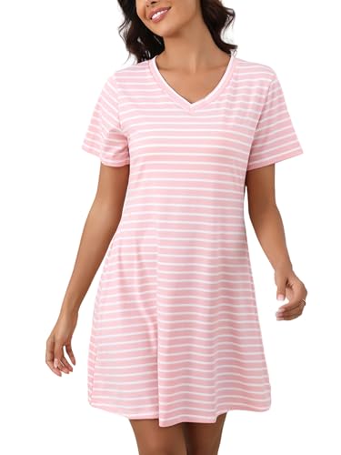 Enjyam Damen Nachthemd Gestreift Baumwolle Kurzarm Schlafkleid V Ausschnitt Leicht Luftig Sommer Hauskleid Rosa Streifen,M von Enjyam