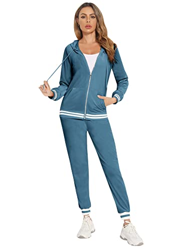 Enjyam Damen Nicki Jogginganzug Kuschelig 2-Teilig Velours Trainingsanzug Sportlich Warm Hausanzug Set für Herbst Winter,Blau,L von Enjyam