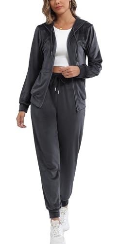 Enjyam Damen Nicki Trainingsanzug Warmer Velours Hausanzug Samtweich 2 Teiliger Zipper Freizeitanzug Tracksuit mit Kapuze Grau,XL von Enjyam