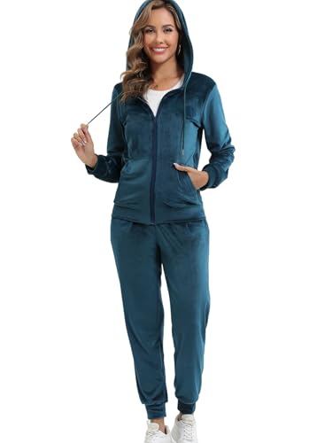 Enjyam Damen Nicki Trainingsanzug Warmer Velours Hausanzug Samtweich 2 Teiliger Zipper Freizeitanzug Tracksuit mit Kapuze Grün,XXL von Enjyam