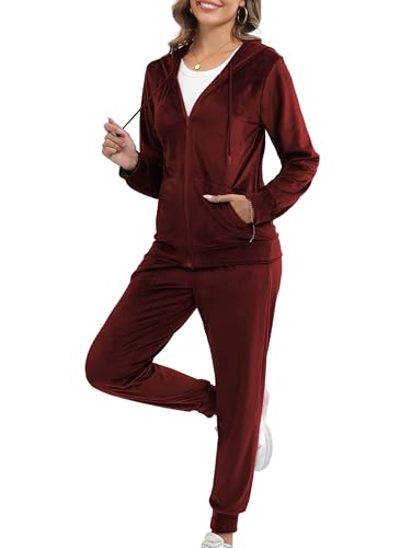 Enjyam Damen Nicki Trainingsanzug Warmer Velours Hausanzug Samtweich 2 Teiliger Zipper Freizeitanzug Tracksuit mit Kapuze Weinrot,XXL von Enjyam